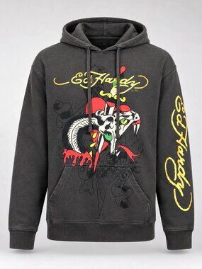 Ed Hardy Mens Medium Hoodie Gray Snake Skull Graphic Pullover Hooded Sweatshirt
